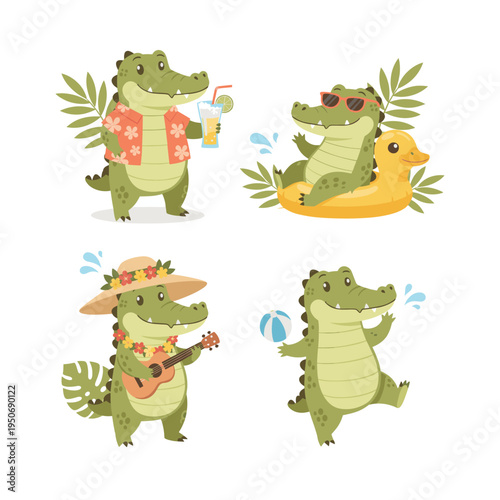 Cute cartoon crocodiles engaging in various summer vacation activities, including drinking cocktails, swimming, playing music, and juggling beach balls