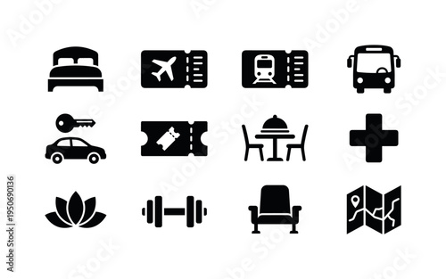 Hotel room booking bed icon, flight booking airplane ticket, train booking rail ticket, bus booking seat icon, car rental booking