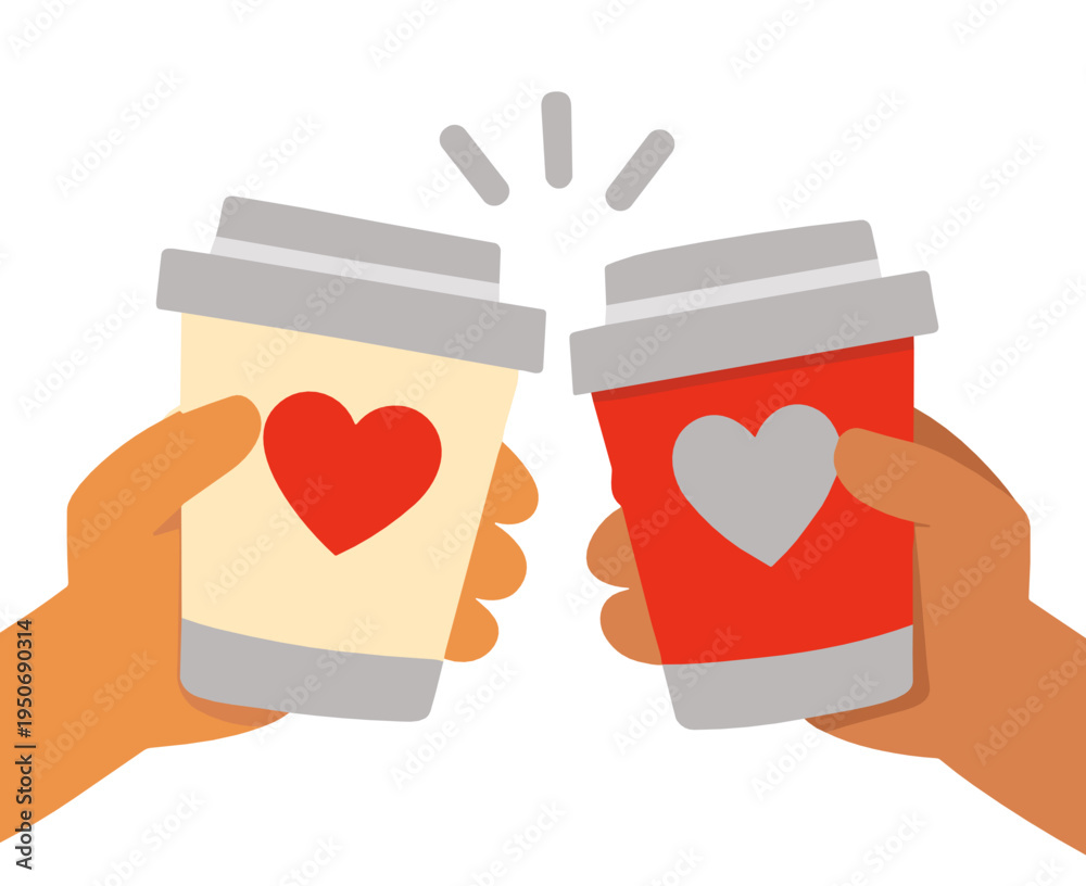 Obraz premium Two hands holding takeaway coffee cups with heart sleeves in a friendly toast. Flat vector concept for cafe culture, dating, friendship, love and warm social connection.