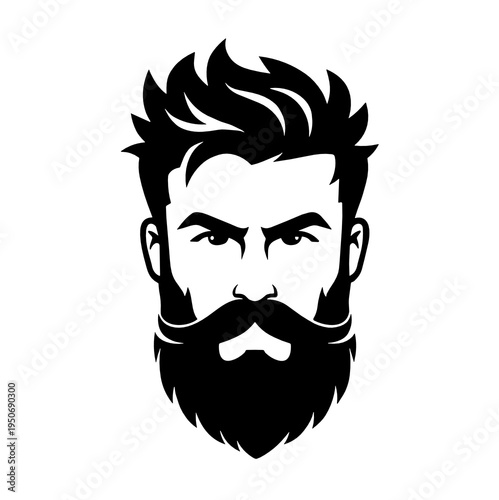 Front portrait of a rugged man with full beard, curled mustache and tousled hair in black silhouette. Strong masculine barber logo and vintage style avatar concept.