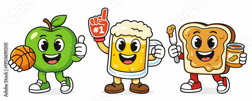 Mini sports mascot trio with apple basketball player, popcorn fan and sandwich with drinks. Fun cartoon food vector set for kids branding, school events and healthy snack promos.