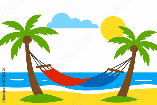 Colorful hammock tied between palm trees by the sea under sun and clouds. Relaxation, resort leisure and tropical vacation concept in flat vector beach scene.