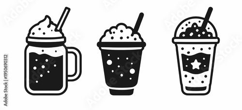 Minimal black and white vector set of jar mug, takeaway cup, and star-labeled dessert drink. Cute beverage icons for cafe branding, menu layouts, stickers, and packaging.