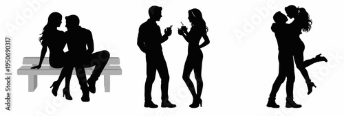 Collection of romantic couple silhouettes with bench scene, standing conversation and dancing embrace. Black vector set for love, dating and relationship concepts.