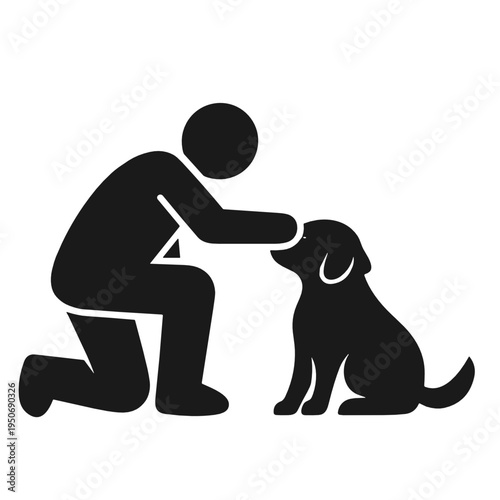Black silhouette of a kneeling man bonding with a seated dog in a calm training moment. Minimal vector illustration for obedience, trust, companionship, adoption, and pet care themes.