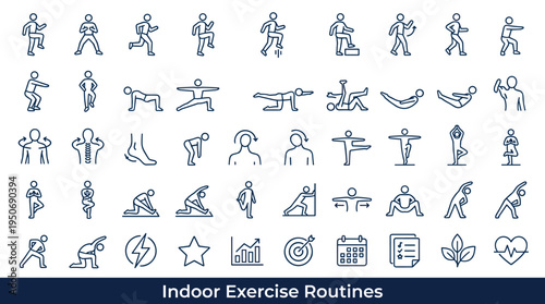 Personal exercise routines performed indoors using simple equipment and body activation techniques represented as clean line icons