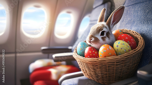 Rabbit and basket full of colorful Easter eggs on the seat inside the airplane cabin. Concept of Easter celebration during traveling.