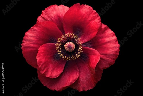 Bright, red poppy flower with golden stamens, set against a pure black background