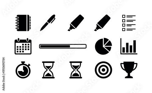 Collection of business and planning icons in a simple, modern flat design style