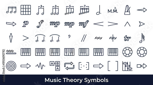 Symbols used in music theory for representing rhythm melody harmony and structural relationships within compositions represented