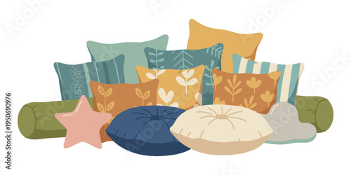 Collection of soft pillows and cushions featuring different shapes, textures, and patterns, creating a comfortable and cozy home decor