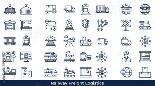 Train transportation symbols and railway logistics elements associated with moving commercial goods through land based rail