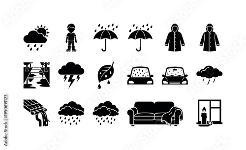Rain cloud with sun hidden icon, child with rain boots symbol, umbrella with raindrops icon, raincoat buttoned up symbol, wet