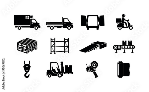 Refrigerated courier truck, flatbed courier truck, cargo van with open doors, scooter delivery vehicle, pallet stack for shipment,