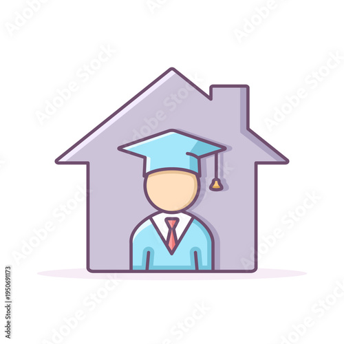 Homeschooling colorful icon. A student in a house symbol. Vector isolated illustration