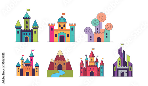 Various whimsical and vibrant castles, towers, and fortresses creating a magical kingdom concept for children's stories and games