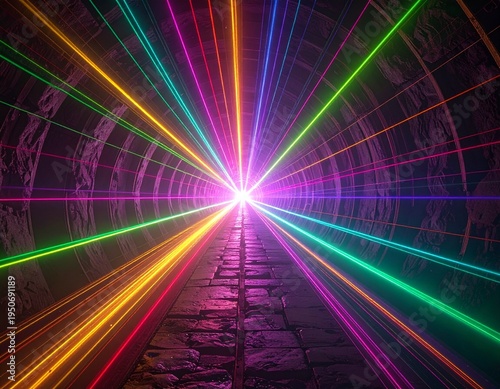 Abstract Futuristic Technology Background with Colorful Laser Beams and Digital Grid