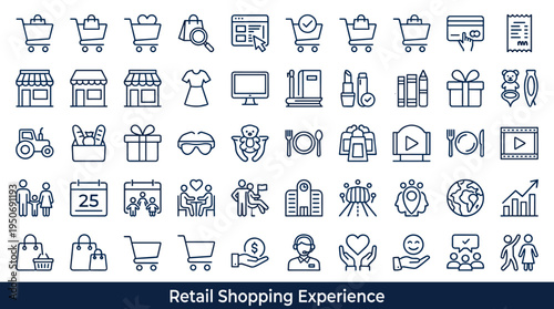 Consumer shopping environment symbols and urban retail experience elements associated with modern commercial centers represented