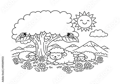Cute cartoon sheep resting peacefully in a field of flowers under a smiling sun