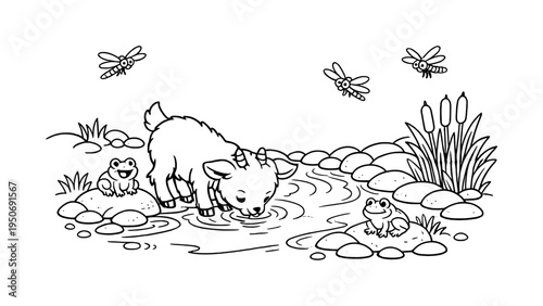 Cute baby goat drinks water from a stream with frogs and dragonflies nearby