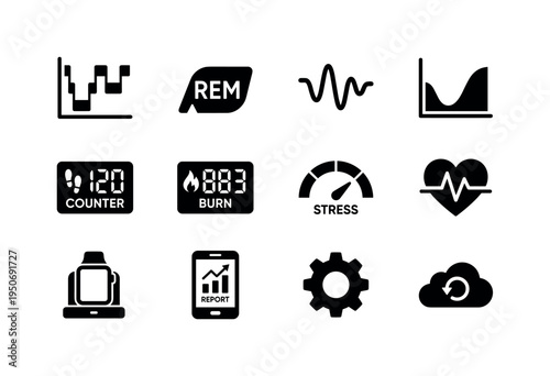 Sleep stage timeline graph, REM indicator symbol, deep sleep wave icon, light sleep curve icon, step counter display, calorie burn