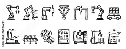 Set of hand-drawn industrial automation icons showing robotic arms, a factory, a conveyor belt, and smart manufacturing concepts in a black and white sketch style illustration
