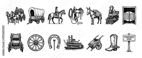 Set of vintage Wild West illustrations in a black and white engraving style, depicting a stagecoach, steam train, saloon doors, covered wagon, horse, and cowboy boot