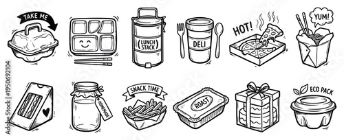 Sketchy black and white doodle illustrations of various takeaway food containers and meals, showing a lunch box, pizza, sandwich, and eco-friendly packaging for delivery service