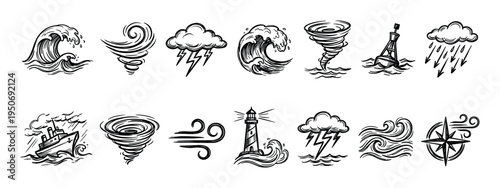 Hand-drawn black and white weather icons depicting a storm at sea with a tsunami wave, hurricane, lightning, rain, a ship, a buoy, and a lighthouse in a sketch illustration style