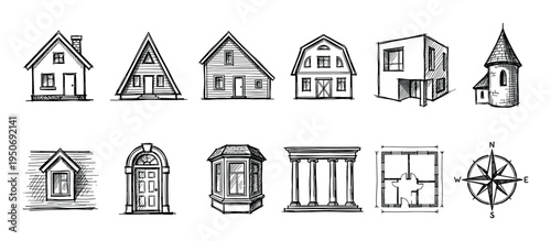 Set of hand-drawn architectural sketches of various houses, building elements, a floor plan, and a compass rose in a black ink doodle style with cross-hatching details