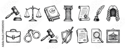 Hand-drawn set of law and justice icons in a vintage sketch style, including a gavel, scales, book, handcuffs, and courthouse, representing the legal system and court proceedings