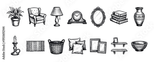Hand-drawn collection of vintage home decor items including an armchair, lamp, clock, mirror, and books, illustrated in a detailed black and white sketch style for interior design concepts