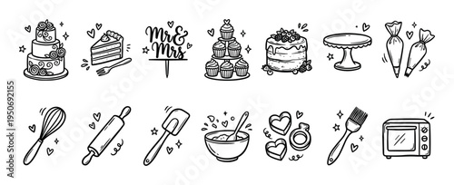 Hand-drawn wedding baking and confectionery icons set with a tiered cake, cupcakes, and pastry tools in a cute black and white doodle line art style for celebration designs