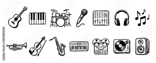 Various hand-drawn musical instruments and audio equipment are depicted in a charming, sketchy doodle style, showcasing a diverse range of sound production and listening devices