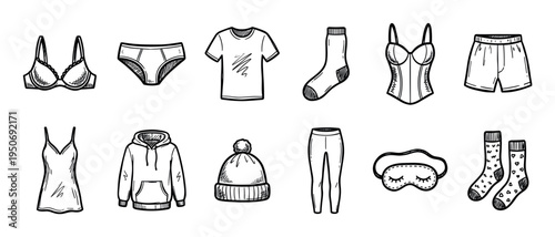 Diverse collection of hand-drawn sleepwear, loungewear, and underwear essentials, including various garments and accessories, all rendered in a clean, illustrative doodle style with black outlines