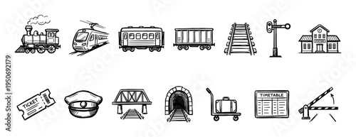 Hand-drawn train and railway icon set featuring a locomotive, modern tram, station, ticket, and tracks in a simple black and white doodle sketch illustration style