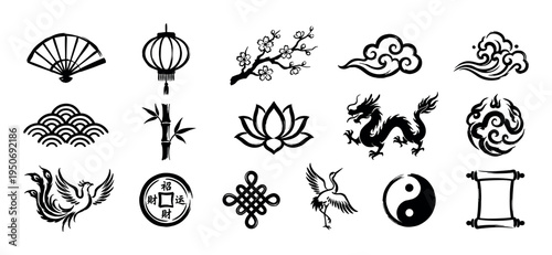Set of traditional Asian cultural symbols drawn in a black ink brush stroke style, featuring a dragon, phoenix, lantern, lotus, bamboo, and yin yang for design elements
