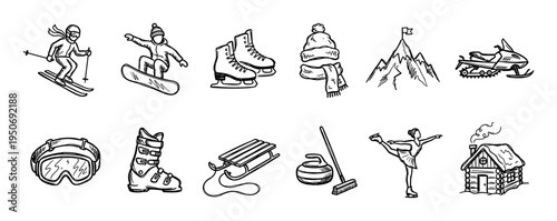 Hand-drawn winter sports and activities icons set in a black and white doodle sketch style, including skiing, snowboarding, skating, curling, and a cozy log cabin