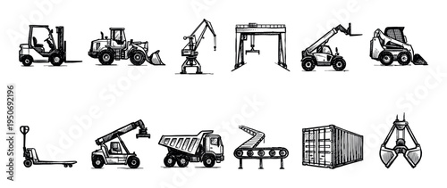 Collection of hand-drawn industrial machinery illustrations featuring a forklift, loader, crane, dump truck, and shipping container in a black and white sketch doodle style