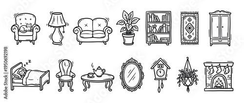 Hand-drawn doodle illustration set of cozy home furniture and interior decor elements like a sofa, bed, fireplace, and plants in a simple black and white sketch style