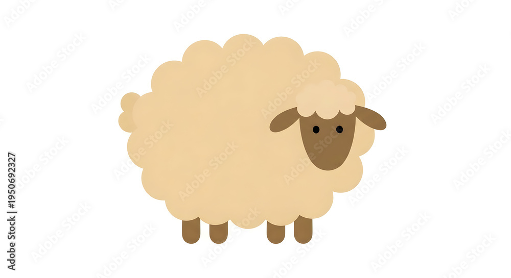 Obraz premium Cute cartoon sheep, fluffy beige wool, brown face and legs, playful expression, isolated on white background, symbolizing innocence and friendliness for children's education and advertising