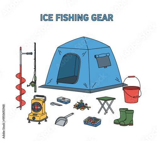 Ice fishing equipment arranged, including tent, auger, fishing rod, heater, bucket, and tackle boxes for an outdoor hobby