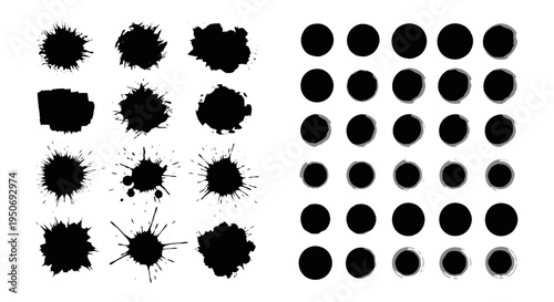 abstract black ink stains paint splatters and grunge textures featuring diverse circular brush strokes for graphic design.