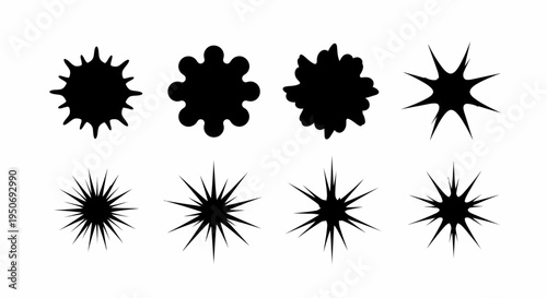 abstract black starburst and ink splat shapes on a white background useful for graphic design elements and explosion effects.