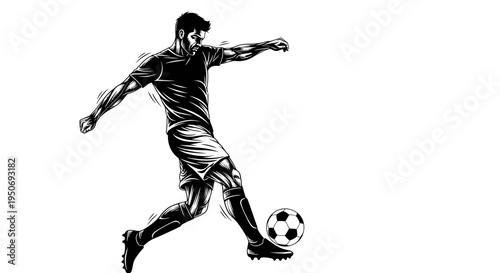 athletic male soccer player illustration kicking a football with power and precision ideal for sports branding and fitness visuals