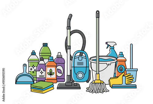 Assortment of cleaning supplies, including a vacuum, mop, bucket, various detergents, cloths, and gloves