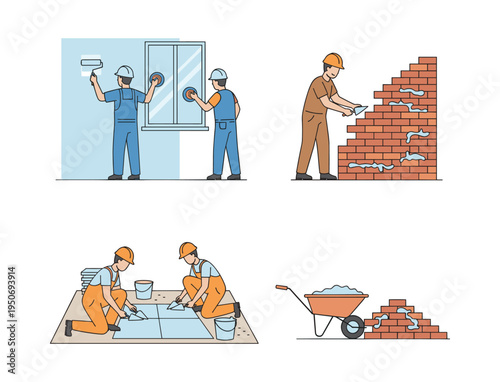 Construction workers performing various renovation jobs: bricklaying, window installation, wall painting, and floor tiling