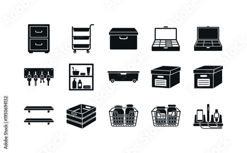 Filing cabinet drawers icon, rolling storage cart symbol, toy storage box icon, jewelry organizer case symbol, wall key holder