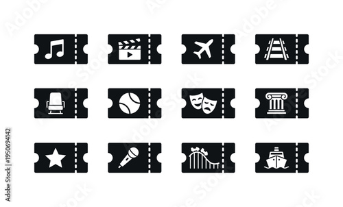 Concert ticket music note icon, cinema ticket clapperboard icon, flight ticket airplane symbol, train ticket rail icon, bus ticket