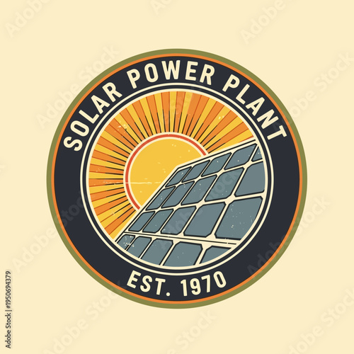 Vintage Solar Power Plant Emblem with Photovoltaic Panels and Sun Rays on Light Background, Est. 1970